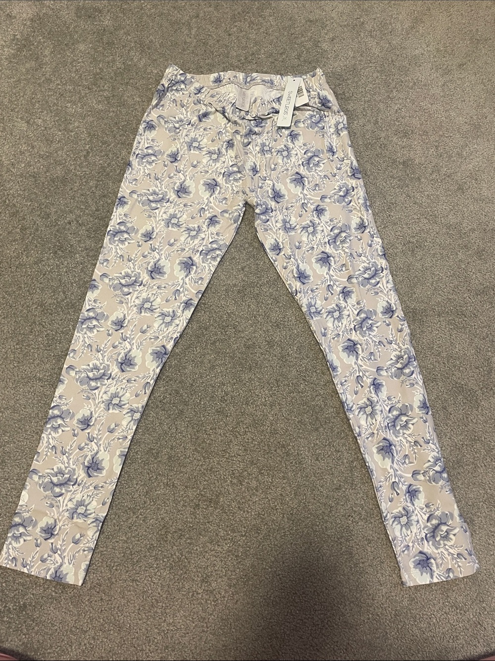 Floral Print Slim Leggings - Ivory & Blue